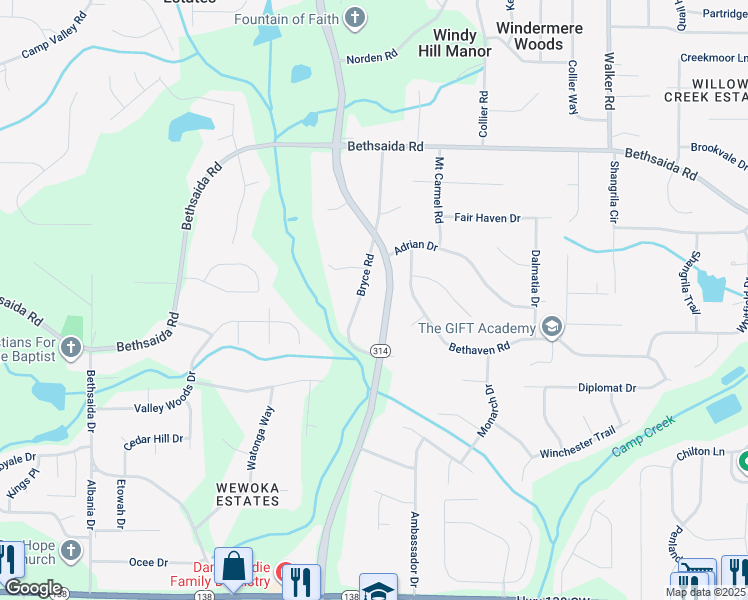 map of restaurants, bars, coffee shops, grocery stores, and more near 7125 West Fayetteville Road in Riverdale