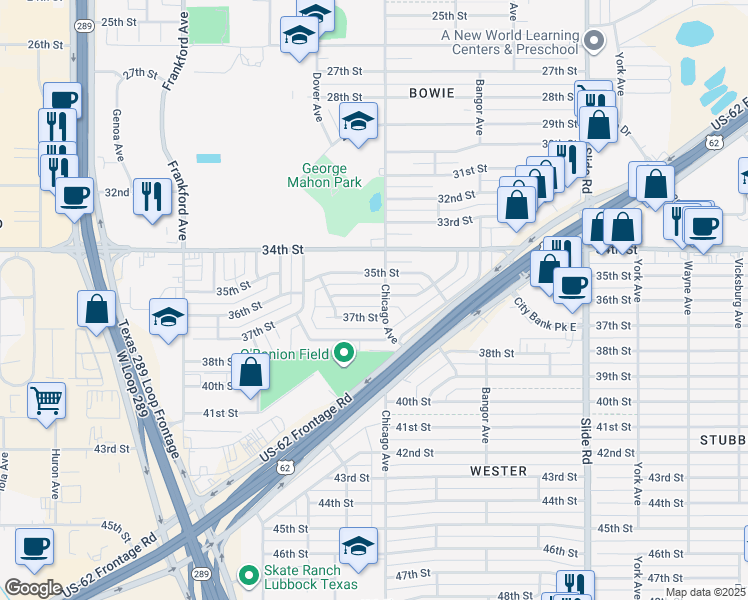 map of restaurants, bars, coffee shops, grocery stores, and more near 3607 Chicago Avenue in Lubbock