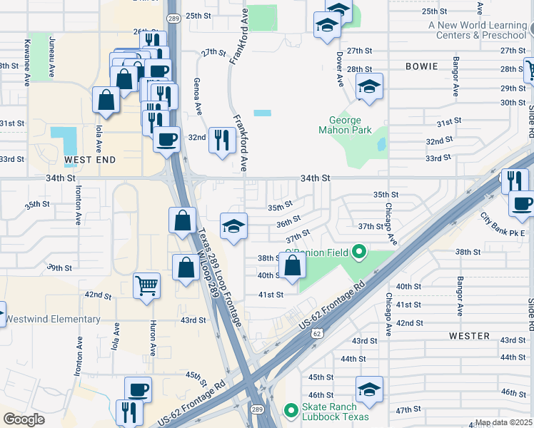 map of restaurants, bars, coffee shops, grocery stores, and more near 5734 36th Street in Lubbock