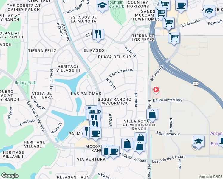 map of restaurants, bars, coffee shops, grocery stores, and more near 8519 East San Jacinto Drive in Scottsdale