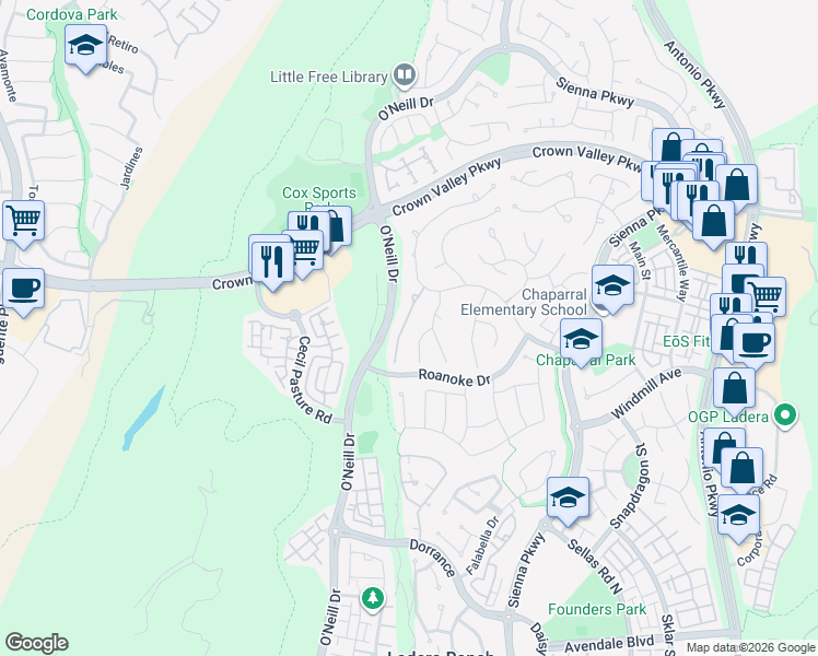map of restaurants, bars, coffee shops, grocery stores, and more near 12 Beacon Point in Ladera Ranch