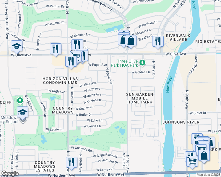 map of restaurants, bars, coffee shops, grocery stores, and more near 10416 West Diana Avenue in Peoria