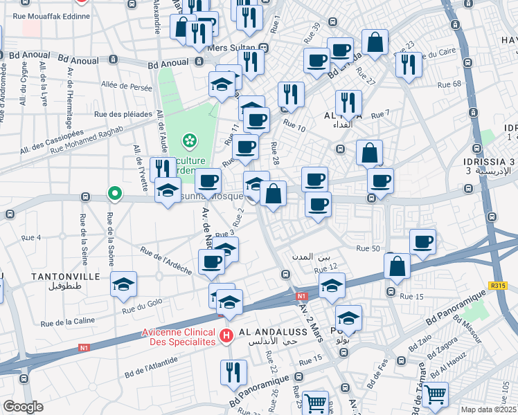 map of restaurants, bars, coffee shops, grocery stores, and more near Avenue 2 Mars in Casablanca