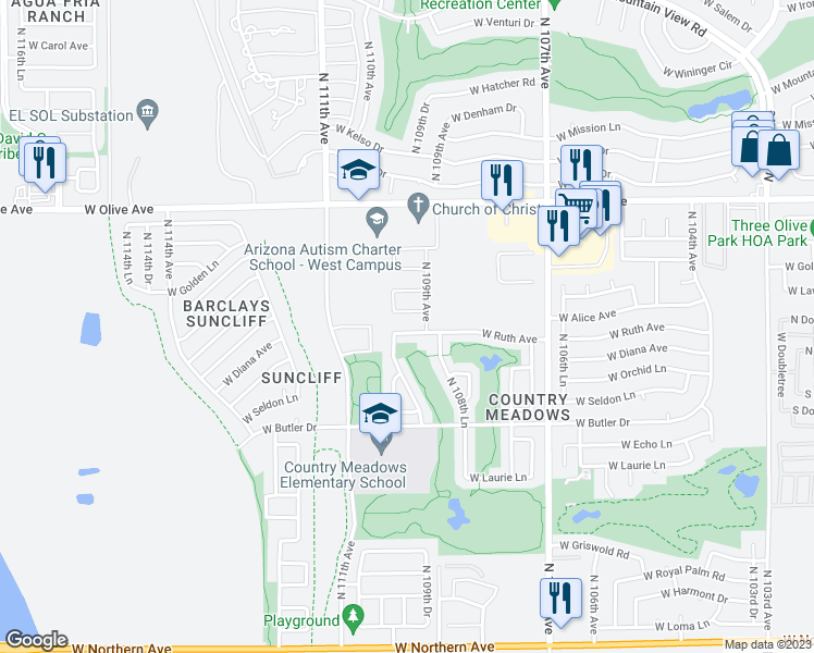 map of restaurants, bars, coffee shops, grocery stores, and more near 10936 West Ruth Avenue in Peoria