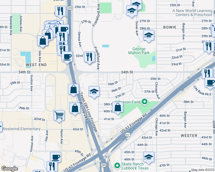 map of restaurants, bars, coffee shops, grocery stores, and more near 5734 36th Street in Lubbock