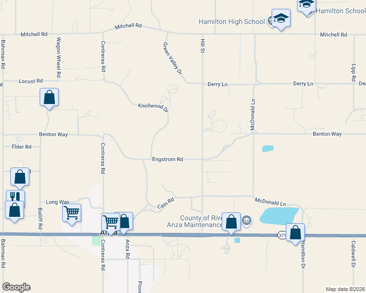 map of restaurants, bars, coffee shops, grocery stores, and more near 56936 Engstrom Road in Anza