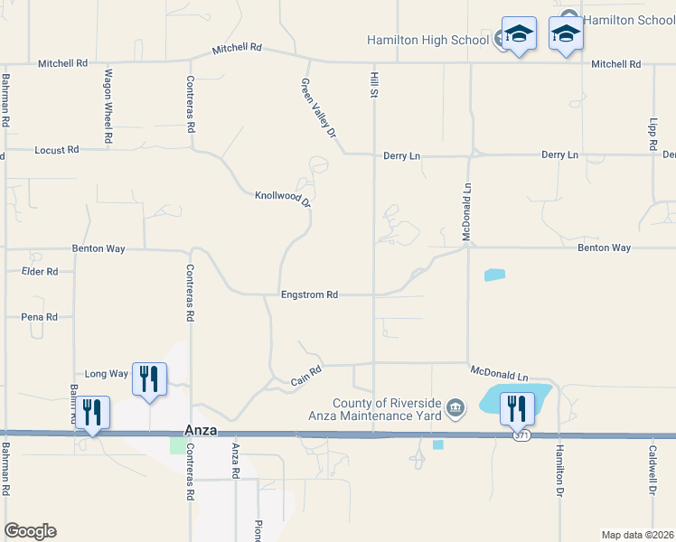 map of restaurants, bars, coffee shops, grocery stores, and more near 56874 Engstrom Road in Anza