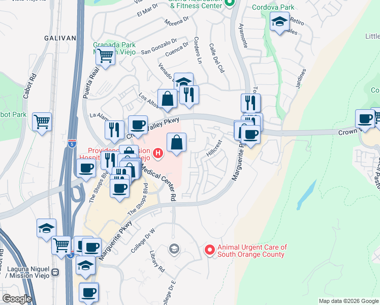 map of restaurants, bars, coffee shops, grocery stores, and more near 27705 Aquamarine in Mission Viejo