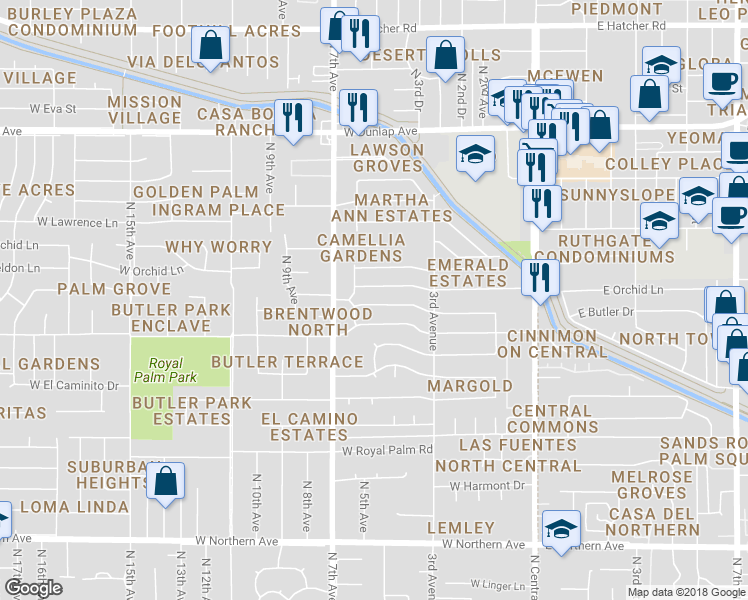 map of restaurants, bars, coffee shops, grocery stores, and more near 512 West Seldon Lane in Phoenix
