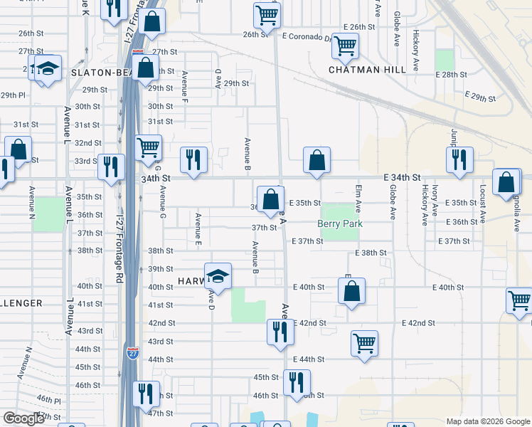 map of restaurants, bars, coffee shops, grocery stores, and more near 208 37th Street in Lubbock