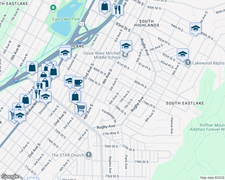 map of restaurants, bars, coffee shops, grocery stores, and more near 7901 5th Avenue South in Birmingham