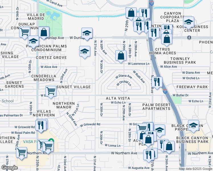 map of restaurants, bars, coffee shops, grocery stores, and more near 3005 West Seldon Lane in Phoenix