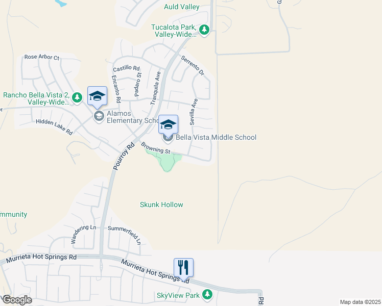 map of restaurants, bars, coffee shops, grocery stores, and more near 31870 Browning Street in Murrieta