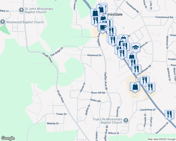 map of restaurants, bars, coffee shops, grocery stores, and more near 1345 Haven Drive in Birmingham