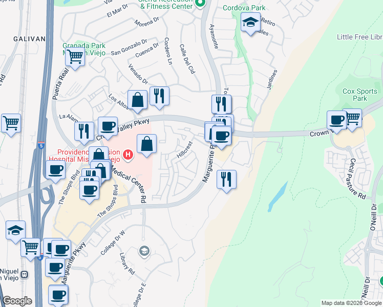 map of restaurants, bars, coffee shops, grocery stores, and more near in Mission Viejo