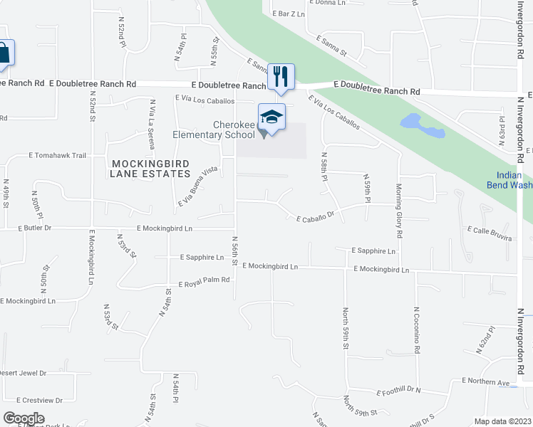 map of restaurants, bars, coffee shops, grocery stores, and more near 5665 East Caballo Drive in Paradise Valley