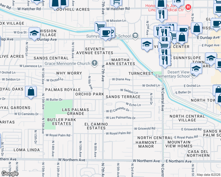 map of restaurants, bars, coffee shops, grocery stores, and more near 526 West Butler Drive in Phoenix