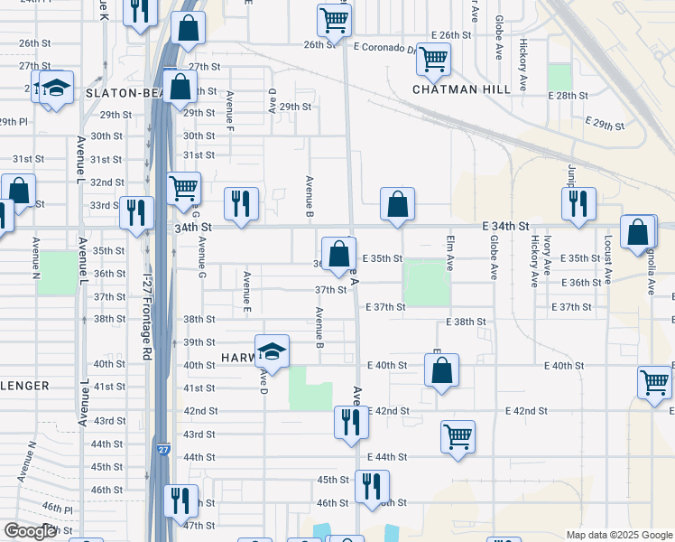 map of restaurants, bars, coffee shops, grocery stores, and more near 208 37th Street in Lubbock