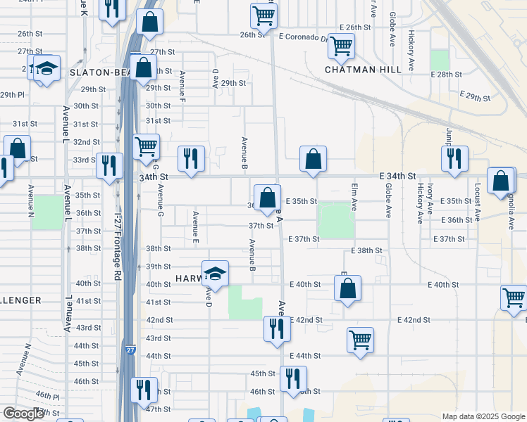 map of restaurants, bars, coffee shops, grocery stores, and more near 208 37th Street in Lubbock