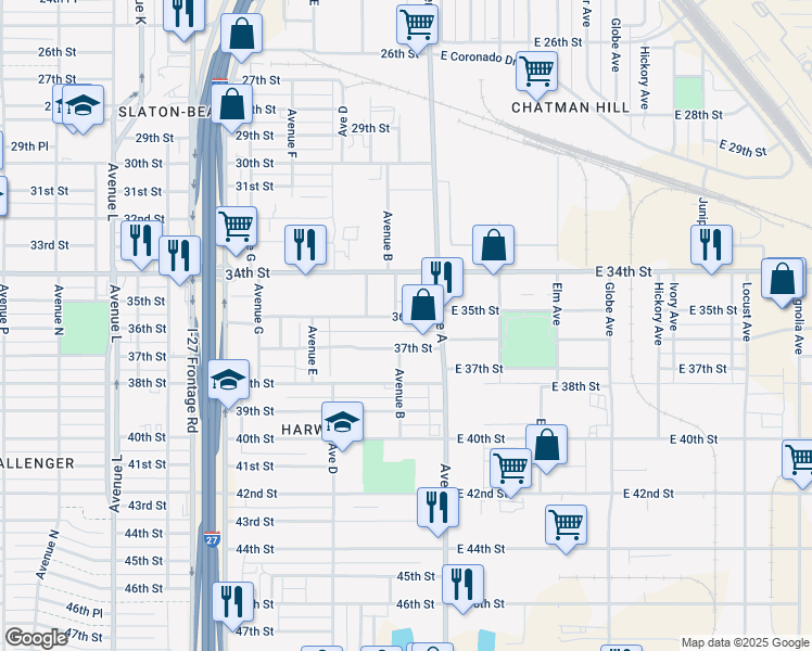 map of restaurants, bars, coffee shops, grocery stores, and more near 208 37th Street in Lubbock
