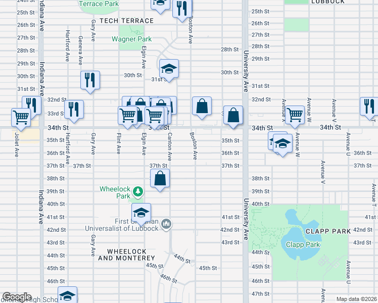 map of restaurants, bars, coffee shops, grocery stores, and more near 2710 37th Street in Lubbock