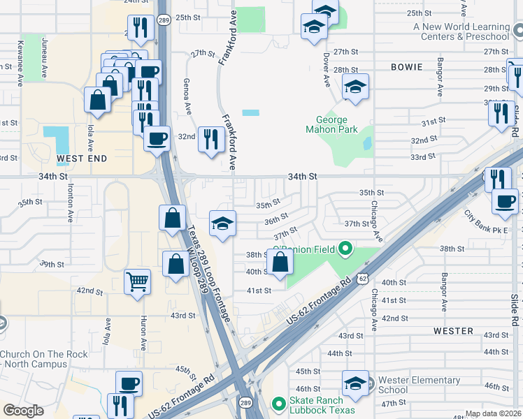 map of restaurants, bars, coffee shops, grocery stores, and more near 5734 36th Street in Lubbock