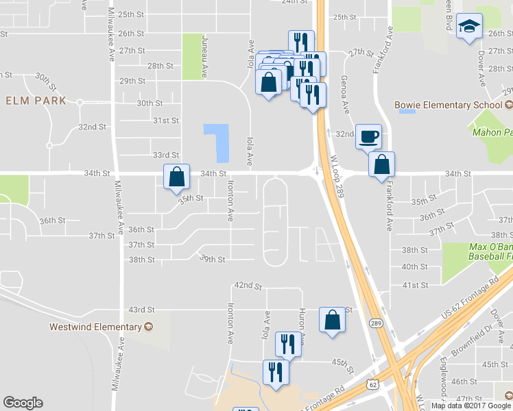 map of restaurants, bars, coffee shops, grocery stores, and more near 6101 36th Street in Lubbock
