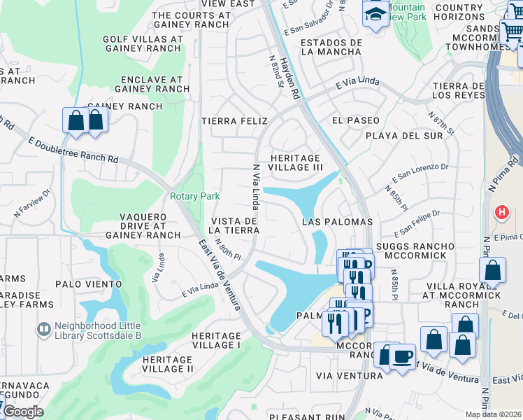 map of restaurants, bars, coffee shops, grocery stores, and more near 8205 East Del Cristal Drive in Scottsdale
