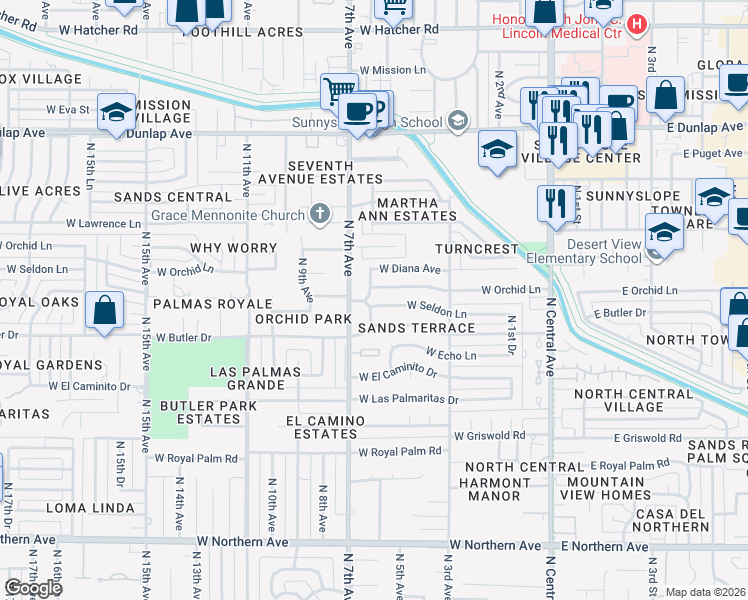 map of restaurants, bars, coffee shops, grocery stores, and more near 526 West Butler Drive in Phoenix
