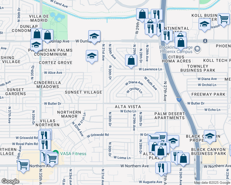 map of restaurants, bars, coffee shops, grocery stores, and more near 3005 West Seldon Lane in Phoenix
