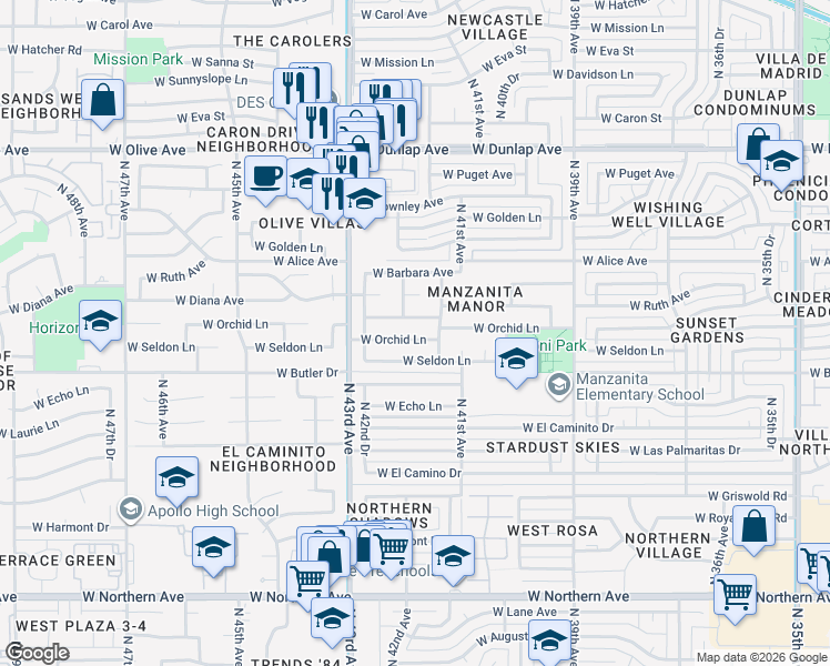 map of restaurants, bars, coffee shops, grocery stores, and more near 4142 West Seldon Lane in Phoenix