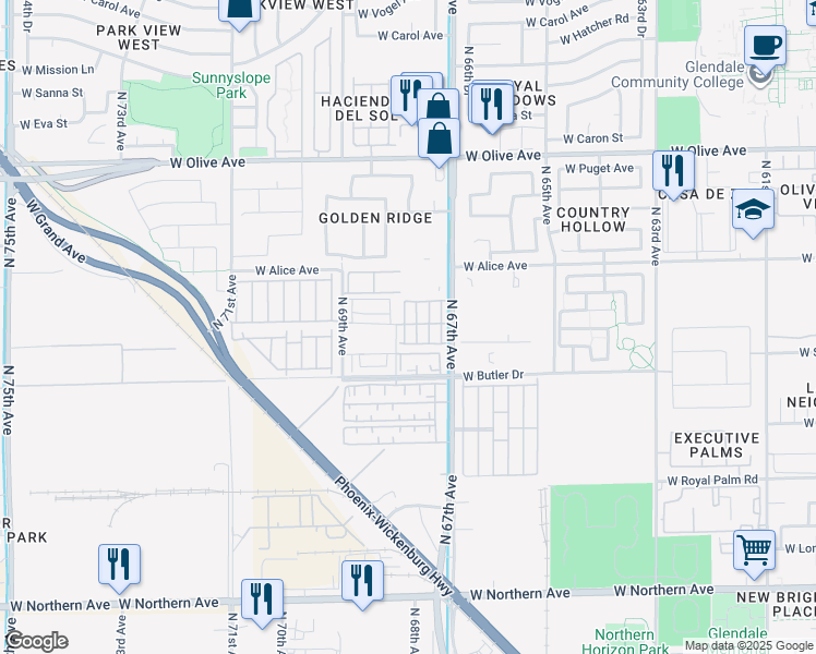 map of restaurants, bars, coffee shops, grocery stores, and more near 6753 West Orchid Lane in Peoria
