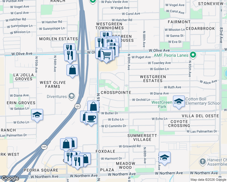 map of restaurants, bars, coffee shops, grocery stores, and more near 8967 West Diana Avenue in Peoria