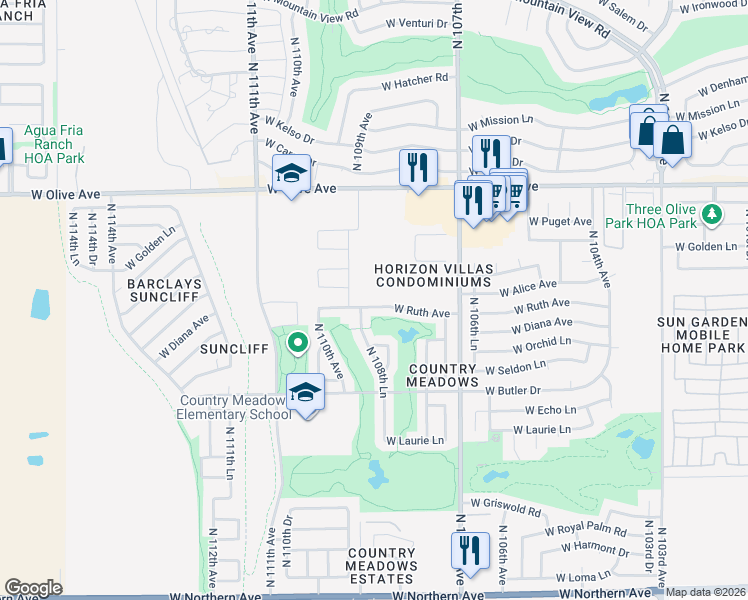 map of restaurants, bars, coffee shops, grocery stores, and more near 10831 West Ruth Avenue in Peoria