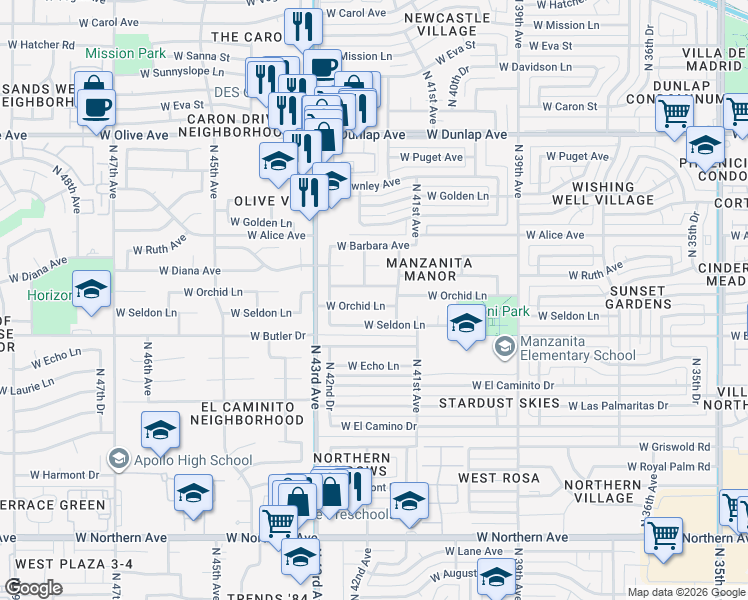 map of restaurants, bars, coffee shops, grocery stores, and more near 4142 West Seldon Lane in Phoenix