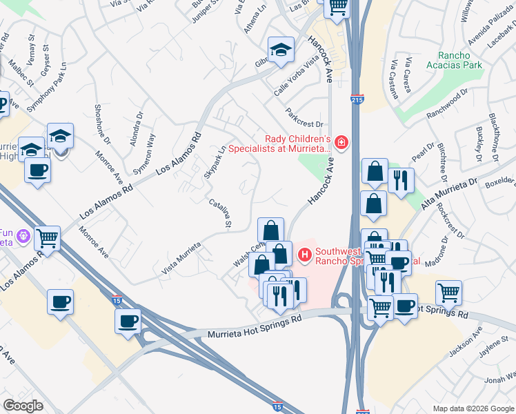 map of restaurants, bars, coffee shops, grocery stores, and more near 40480 Carrigan Road in Murrieta