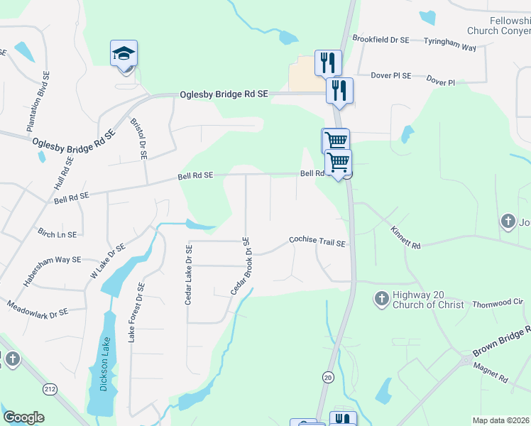 map of restaurants, bars, coffee shops, grocery stores, and more near 4780 Bell Circle Southeast in Conyers