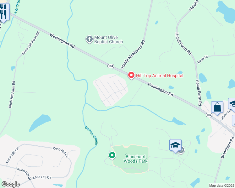 map of restaurants, bars, coffee shops, grocery stores, and more near 4874 Washington Road in Evans