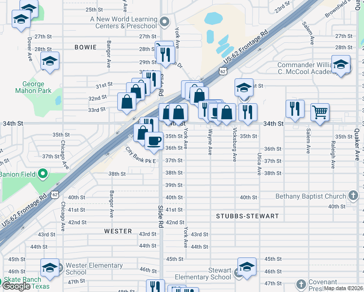 map of restaurants, bars, coffee shops, grocery stores, and more near 3602 York Avenue in Lubbock