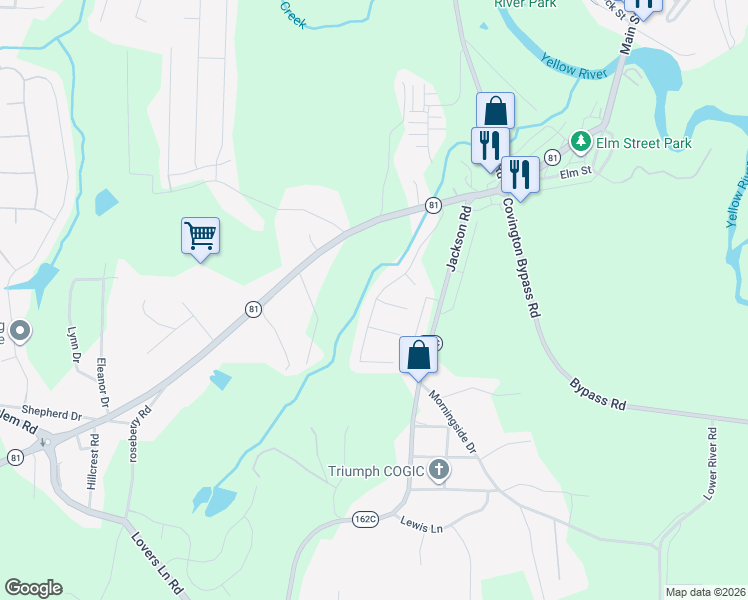 map of restaurants, bars, coffee shops, grocery stores, and more near 180 Wynfield Drive in Porterdale