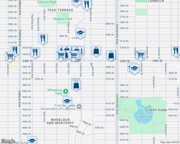 map of restaurants, bars, coffee shops, grocery stores, and more near 2710 37th Street in Lubbock