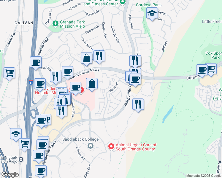map of restaurants, bars, coffee shops, grocery stores, and more near in Mission Viejo