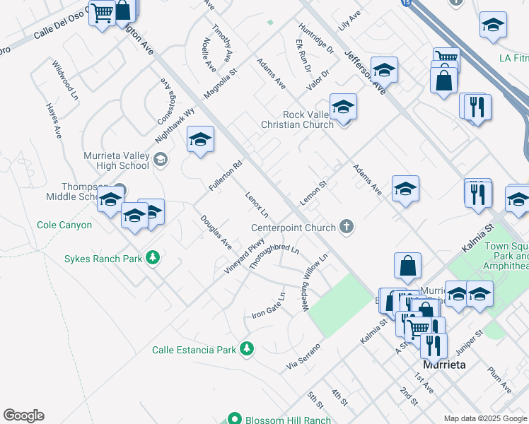 map of restaurants, bars, coffee shops, grocery stores, and more near Lenox Lane in Murrieta