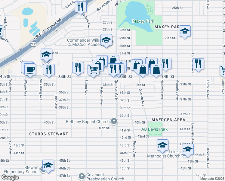 map of restaurants, bars, coffee shops, grocery stores, and more near 4406 36th Street in Lubbock