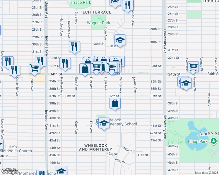 map of restaurants, bars, coffee shops, grocery stores, and more near 2816 37th Street in Lubbock