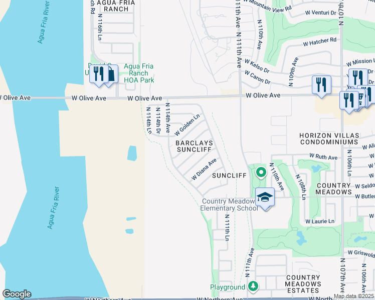 map of restaurants, bars, coffee shops, grocery stores, and more near 11321 West Alice Avenue in Peoria