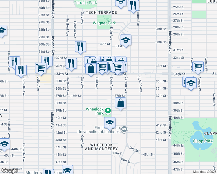 map of restaurants, bars, coffee shops, grocery stores, and more near 3008 37th Street in Lubbock