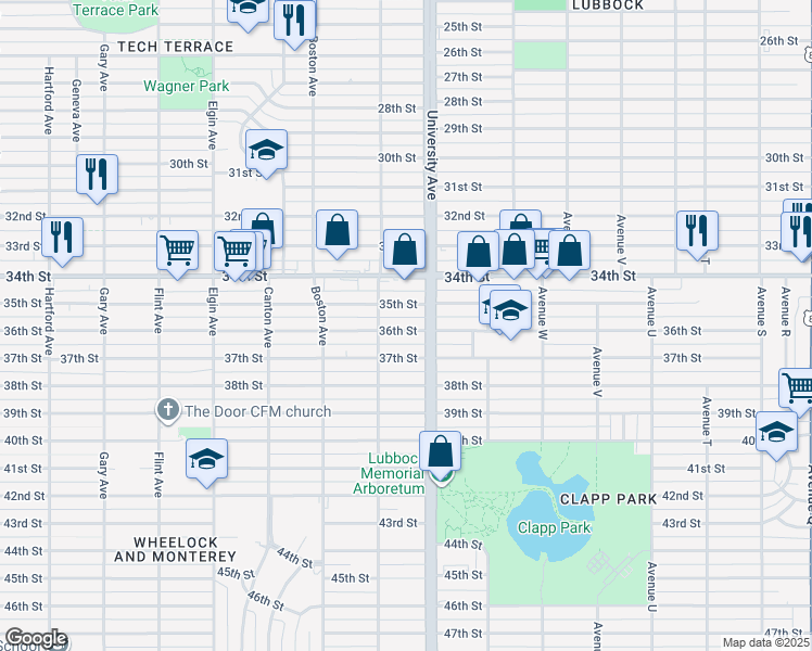 map of restaurants, bars, coffee shops, grocery stores, and more near 2504 37th Street in Lubbock