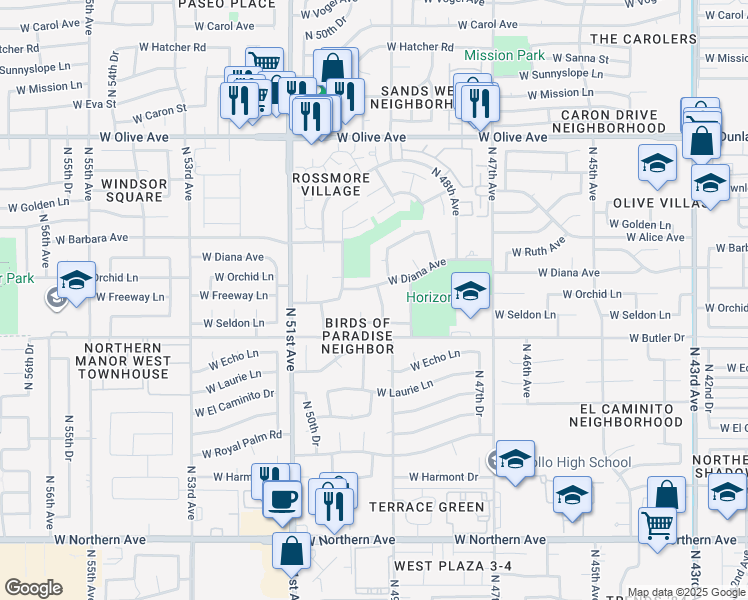 map of restaurants, bars, coffee shops, grocery stores, and more near 8515 North 49th Lane in Glendale