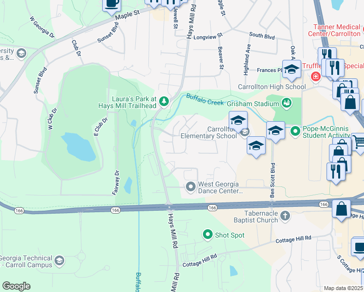 map of restaurants, bars, coffee shops, grocery stores, and more near 94 Old Mill Court in Carrollton